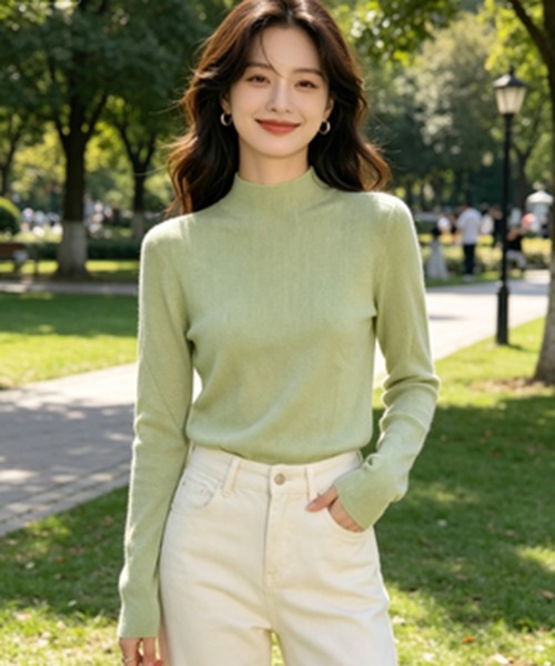 AsheKsha(アシクシャ)の「三色のハーフタートルネックニットベースレイヤー(ニット/セーター・レディース・グリーン/ブルー/イエロー・M)」の7枚目の写真