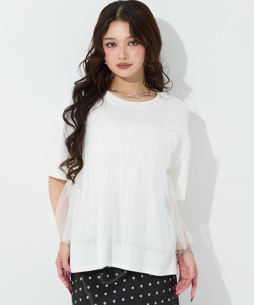 ANAP(アナップ)の「チュールドッキングTシャツ(Tシャツ/カットソー・レディース・ホワイト/ブラック/ダークグレー・F)」の1枚目の写真