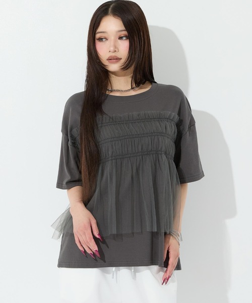 ANAP(アナップ)の「チュールドッキングTシャツ(Tシャツ/カットソー・レディース・ホワイト/ブラック/ダークグレー・F)」の3枚目の写真