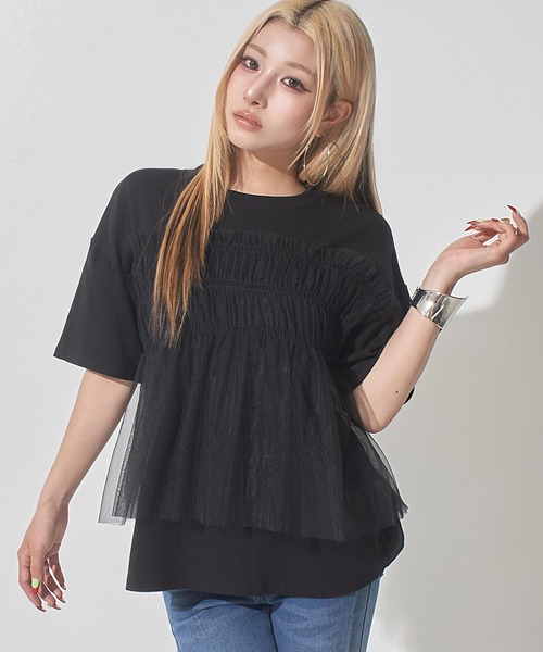 ANAP(アナップ)の「チュールドッキングTシャツ(Tシャツ/カットソー・レディース・ホワイト/ブラック/ダークグレー・F)」の2枚目の写真