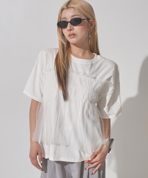 ANAP(アナップ)の「チュールドッキングTシャツ(Tシャツ/カットソー・レディース・ホワイト/ブラック/ダークグレー・F)」の9枚目の写真