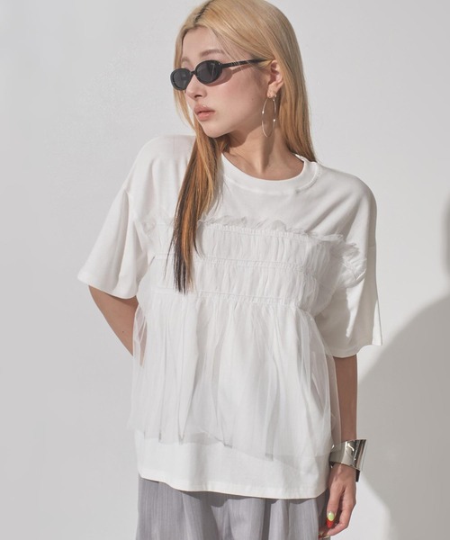 ANAP(アナップ)の「チュールドッキングTシャツ(Tシャツ/カットソー・レディース・ホワイト/ブラック/ダークグレー・F)」の10枚目の写真