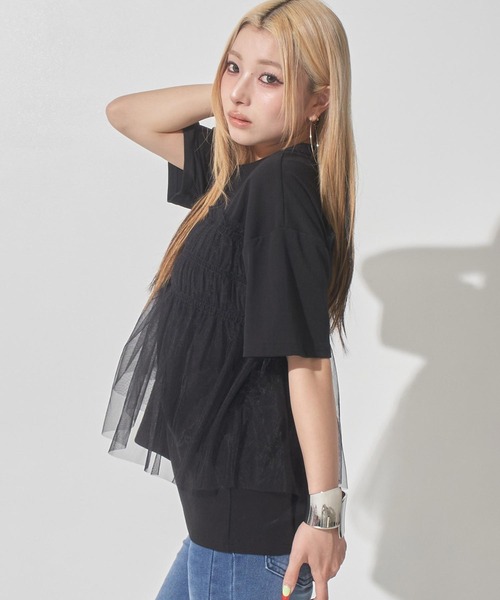 ANAP(アナップ)の「チュールドッキングTシャツ(Tシャツ/カットソー・レディース・ホワイト/ブラック/ダークグレー・F)」の21枚目の写真