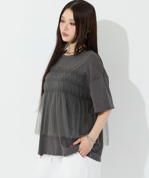 ANAP(アナップ)の「チュールドッキングTシャツ(Tシャツ/カットソー・レディース・ホワイト/ブラック/ダークグレー・F)」の16枚目の写真