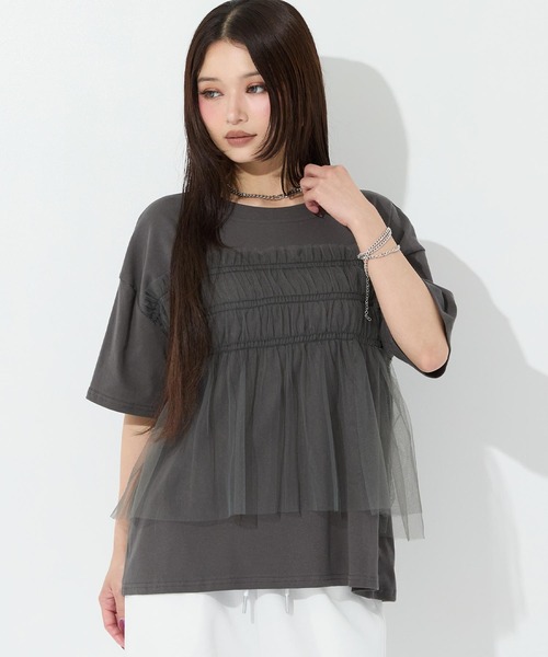 ANAP(アナップ)の「チュールドッキングTシャツ(Tシャツ/カットソー・レディース・ホワイト/ブラック/ダークグレー・F)」の15枚目の写真