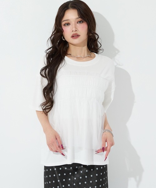 ANAP(アナップ)の「チュールドッキングTシャツ(Tシャツ/カットソー・レディース・ホワイト/ブラック/ダークグレー・F)」の4枚目の写真