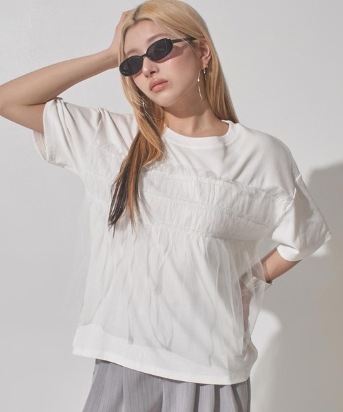 ANAP(アナップ)の「チュールドッキングTシャツ(Tシャツ/カットソー・レディース・ホワイト/ブラック/ダークグレー・F)」の12枚目の写真