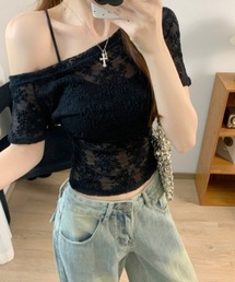 レース 斜めオフショルダークロップアンサンプル