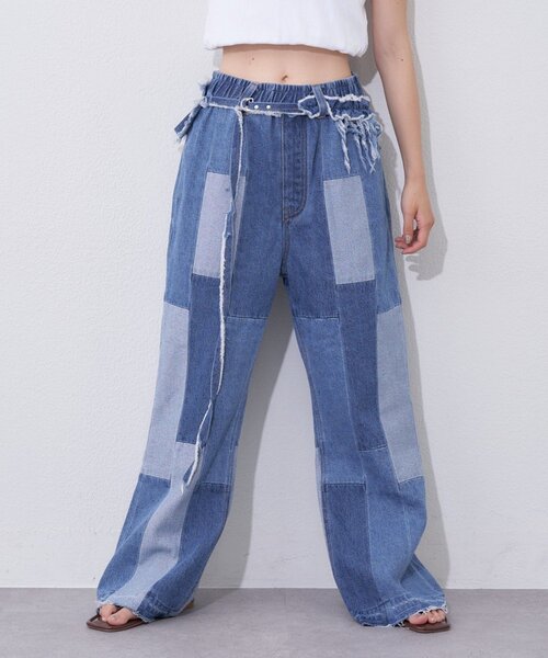 etsinta(エシンタ)の「【etsinta】ベルト付パッチワークフレアパンツ(その他パンツ・レディース・インディゴブルー/カーキ・LARGE/SMALL)」の2枚目の写真