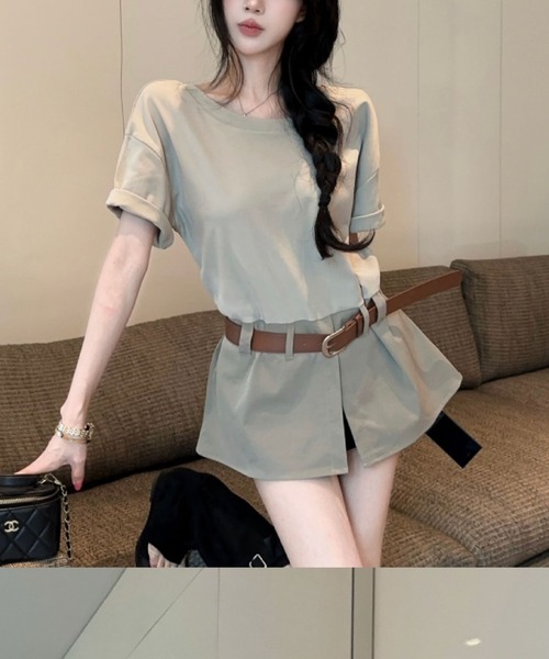 2ly2（トゥーリートゥー）の「ベルト付き セットアップ風 半袖Tシャツ ショートパンツ風 ブラウジングデザイン（シャツ/ブラウス・レディース・カーキ/ホワイト・FREE）」の8枚目の写真