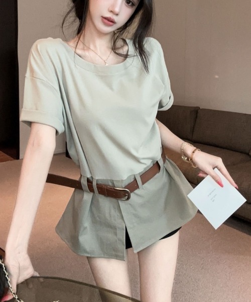 2ly2（トゥーリートゥー）の「ベルト付き セットアップ風 半袖Tシャツ ショートパンツ風 ブラウジングデザイン（シャツ/ブラウス・レディース・カーキ/ホワイト・FREE）」の9枚目の写真