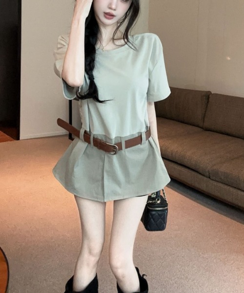 2ly2（トゥーリートゥー）の「ベルト付き セットアップ風 半袖Tシャツ ショートパンツ風 ブラウジングデザイン（シャツ/ブラウス・レディース・カーキ/ホワイト・FREE）」の10枚目の写真