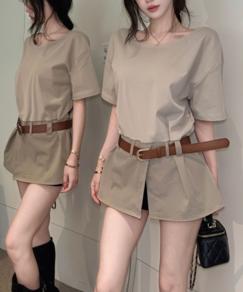 2ly2（トゥーリートゥー）の「ベルト付き セットアップ風 半袖Tシャツ ショートパンツ風 ブラウジングデザイン（シャツ/ブラウス・レディース・カーキ/ホワイト・FREE）」の13枚目の写真