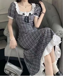 スクエアネックレースフリルチェックワンピース