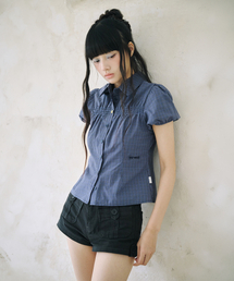 MINI CHECK SHIRRING SHIRT NAVY