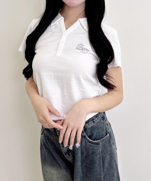 INGNI（イング）の「スキッパーポロネックラメリブトップス（Tシャツ/カットソー・レディース・オフホワイト/ブラック/グレー・M）」の6枚目の写真