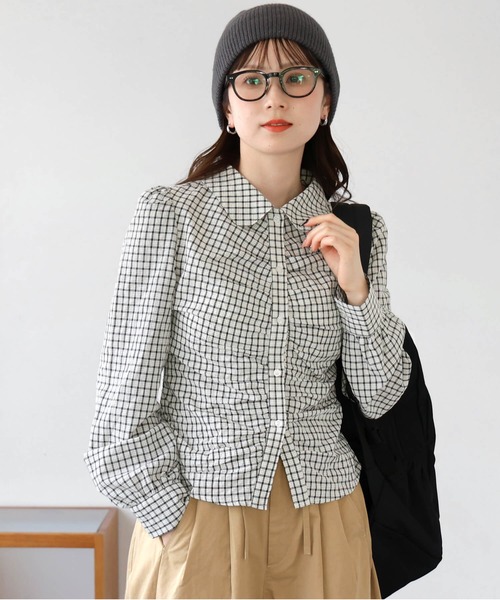 tiptop(ティップトップ)の「フロントギャザー丸襟長袖ブラウス(シャツ/ブラウス・レディース・アイボリー/ブラック・FREE)」の4枚目の写真
