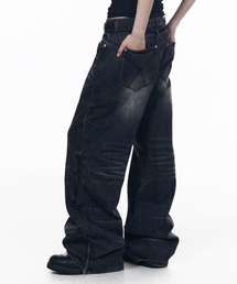 Washed Zipper Slit Denim Pants (Black)