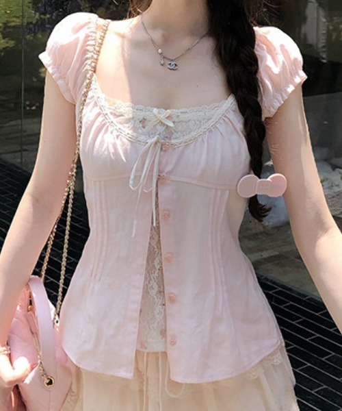FLINEA(フリネア)の「レースフェイクレイヤードブラウス(シャツ/ブラウス・レディース・ホワイト/ピンク/ブルー/グリーン・FREE)」の1枚目の写真
