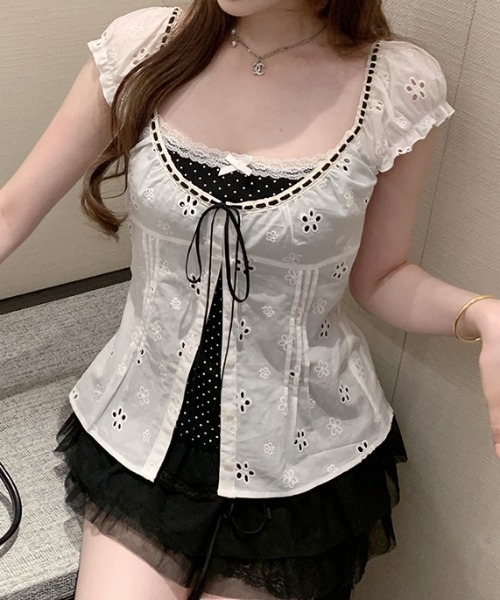 FLINEA(フリネア)の「レースフェイクレイヤードブラウス(シャツ/ブラウス・レディース・ホワイト/ピンク/ブルー/グリーン・FREE)」の14枚目の写真