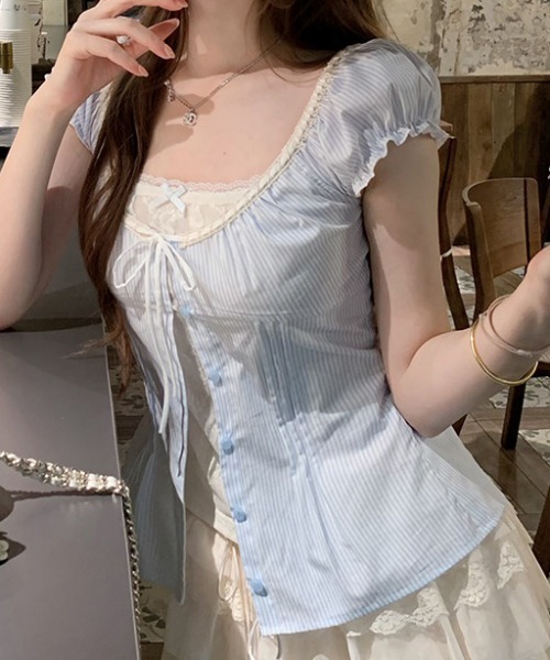FLINEA(フリネア)の「レースフェイクレイヤードブラウス(シャツ/ブラウス・レディース・ホワイト/ピンク/ブルー/グリーン・FREE)」の5枚目の写真
