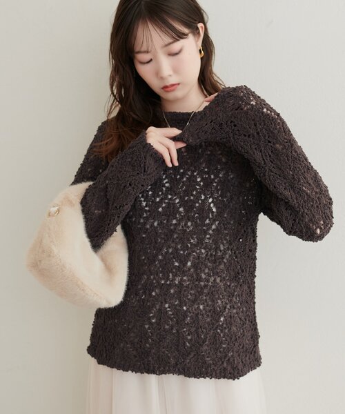 natural couture（ナチュラルクチュール）の「透かしモールニットクルーネックプルオーバー（ニット/セーター・レディース・ブラウン/アイボリー/ピンク/ブラック・FREE）」の5枚目の写真