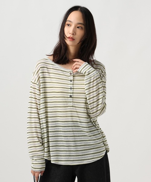 BAYFLOW（ベイフロー）の「[ワンショル風にも着られる]シアーボーダーヘンリーロングスリーブ（Tシャツ/カットソー・レディース・グレー/オフホワイト・FREE）」の6枚目の写真