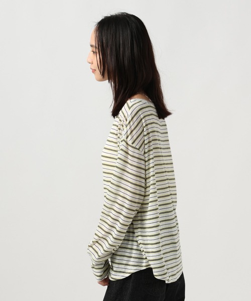 BAYFLOW（ベイフロー）の「[ワンショル風にも着られる]シアーボーダーヘンリーロングスリーブ（Tシャツ/カットソー・レディース・グレー/オフホワイト・FREE）」の7枚目の写真