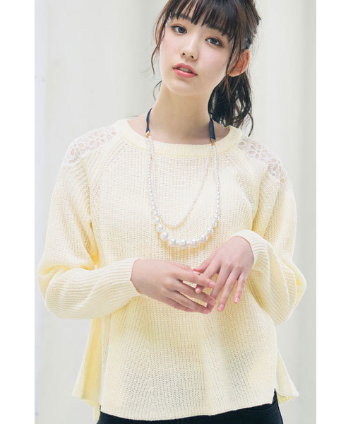 GeeRA(ジーラ)の「透かし刺しゅうレース使いニットプルオーバー(ニット/セーター・レディース・ネイビー/オフホワイト/ピンク・MEDIUM/LARGE)」の1枚目の写真