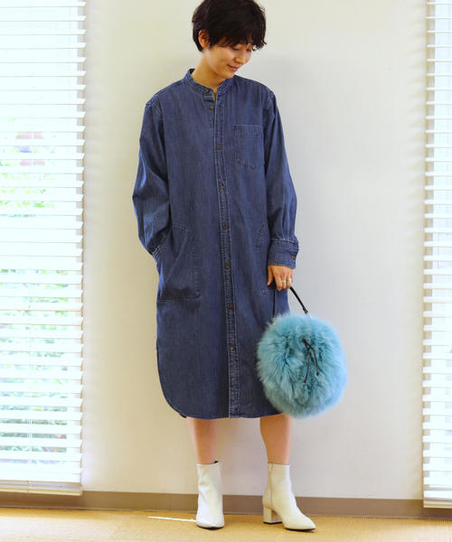 Macphee マカフィー の コットンデニム スタンドネックシャツワンピース ワンピース Wear