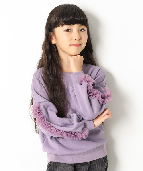 devirock(デビロック)の「まるで着る毛布 袖チュール付き裏シャギートップス 裏起毛(スウェット・キッズ・グレー系その他/スモークピンク/モカ/ラベンダー/ネイビー・140cm/150cm/110cm/130cm/160cm/100cm/120cm)」の5枚目の写真