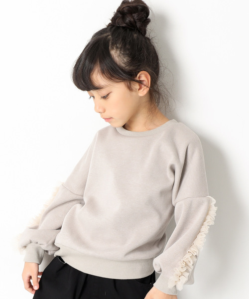 devirock(デビロック)の「まるで着る毛布 袖チュール付き裏シャギートップス 裏起毛(スウェット・キッズ・グレー系その他/スモークピンク/モカ/ラベンダー/ネイビー・140cm/150cm/110cm/130cm/160cm/100cm/120cm)」の2枚目の写真