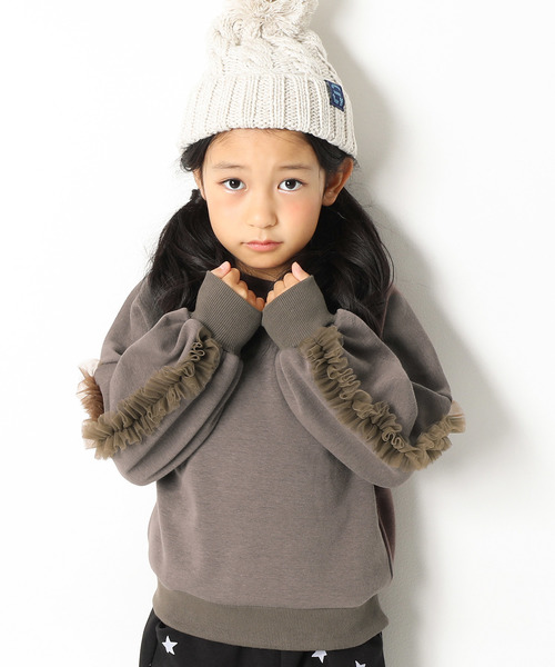 devirock(デビロック)の「まるで着る毛布 袖チュール付き裏シャギートップス 裏起毛(スウェット・キッズ・グレー系その他/スモークピンク/モカ/ラベンダー/ネイビー・140cm/150cm/110cm/130cm/160cm/100cm/120cm)」の3枚目の写真