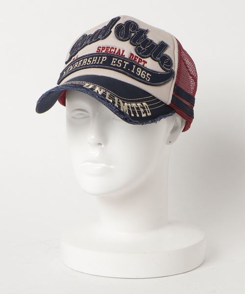 STYLEBLOCK(スタイルブロック)の「アップリケロゴ&ツバダメージ加工メッシュキャップ(キャップ・メンズ・ブラック/ネイビー・FREE)」の2枚目の写真