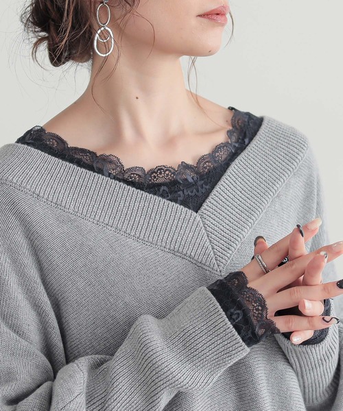 osharewalker（オシャレウォーカー）の「『2wayデザインレースロンT』（Tシャツ/カットソー・レディース・ネイビー/グリーン/プラム/オフホワイト/グレー系その他/ブラック/モカ/ライトブルー・LARGE/X-LARGE/MEDIUM）」の7枚目の写真