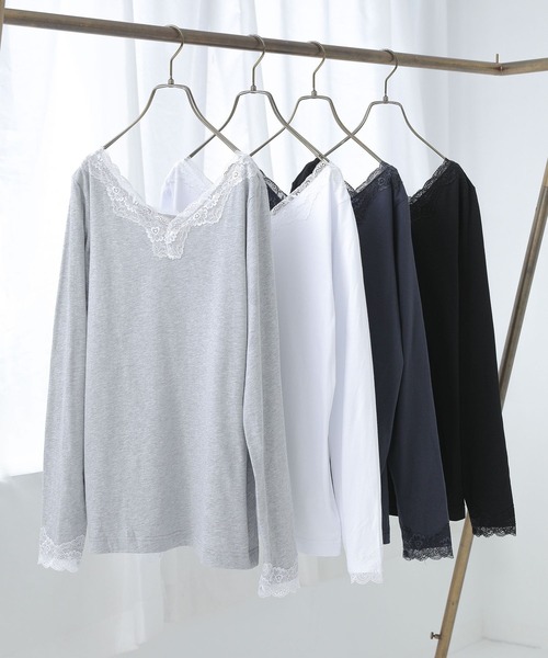 osharewalker（オシャレウォーカー）の「『2wayデザインレースロンT』（Tシャツ/カットソー・レディース・ネイビー/グリーン/プラム/オフホワイト/グレー系その他/ブラック/モカ/ライトブルー・LARGE/X-LARGE/MEDIUM）」の9枚目の写真