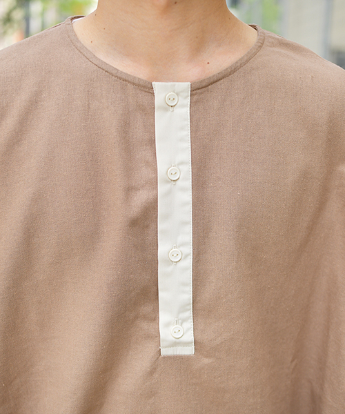 kutir(クティール)の「ヘンリー配色リネンプルオーバー(シャツ/ブラウス・メンズ・オフホワイト/ライトグリーン/モカ・MEDIUM/LARGE)」の10枚目の写真