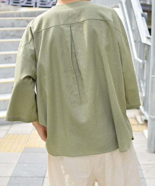 kutir(クティール)の「ヘンリー配色リネンプルオーバー(シャツ/ブラウス・メンズ・オフホワイト/ライトグリーン/モカ・MEDIUM/LARGE)」の16枚目の写真