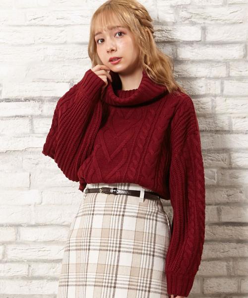 INGNI(イング)の「ケーブルオフタートルニット(ニット/セーター)」|ボルドー