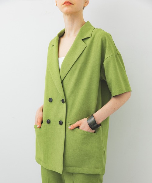 STUDIOUS（ステュディオス）の「【STUDIOUS】ボタニカルシャツジャケット（テーラードジャケット・レディース・ベージュ/グリーン・FREE）」の2枚目の写真