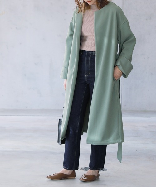 reca（レカ）の「ノーカラーロングコート（ダウンジャケット/コート・レディース・アイボリー/グリーン系その他/グレイッシュベージュ・M/L）」の9枚目の写真