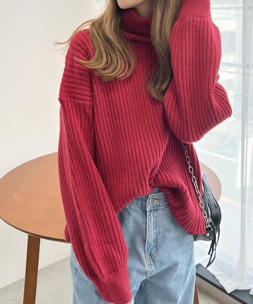 Futier land（フューティアランド）の「タートルバルーンスリーブニットプルオーバー（ニット/セーター・レディース・ブラック/ブルー/アイボリー/グレイッシュベージュ/オレンジ/ライトブラウン/パープル/ピンク/イエロー/グリーン・FREE）」の9枚目の写真