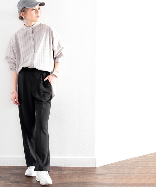 classicalelf（クラシカルエルフ）の「一枚で上級者見え。綿100％、バンドカラーストライプBIGシルエットシャツ（シャツ/ブラウス・レディース・ベージュ/オフホワイト/グレイッシュベージュ/ブラウン/サンドベージュ/グリーン・MEDIUM/LARGE/X-LARGE）」の20枚目の写真