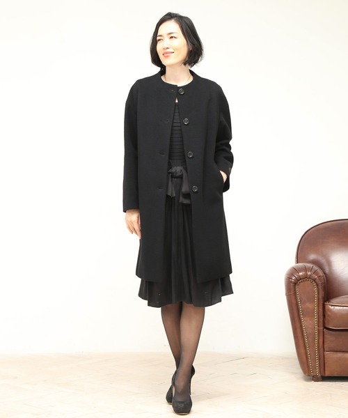 【美品】YORI ウールノーカラーコート　ブラック yoriウールノーカラーコート【2022AW】ブラックの通販 by