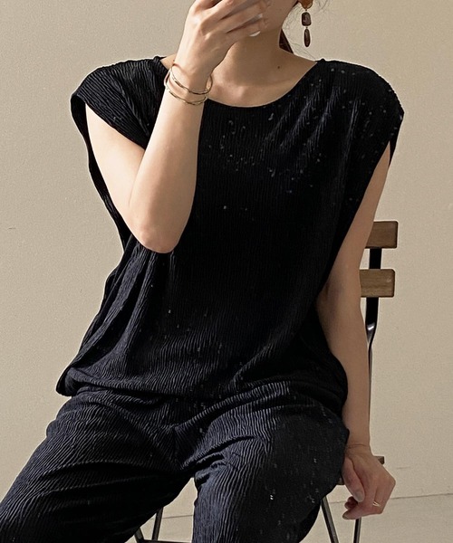 楊柳カットソースリーブレストップス