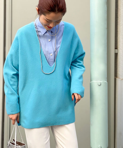 NOLLEY’S（ノーリーズ）の「◇【WEB限定カラーあり】CHESS 深Vプルオーバーニット（ニット/セーター・レディース・ベビーピンク/ベージュ/グリーン/オリーブ/ミント/ブルー/イエロー・38）」の5枚目の写真