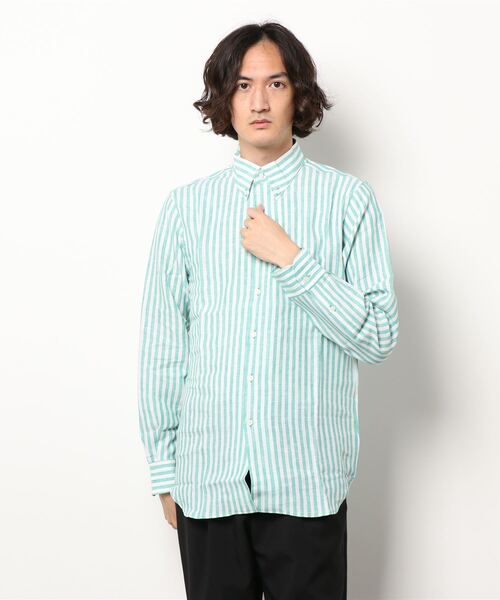 PAZZO（パッゾ）の「【PAZZO】 リネン ストライプ シャツ（シャツ/ブラウス・メンズ・グリーン系/オレンジ系・46/48/50）」の2枚目の写真