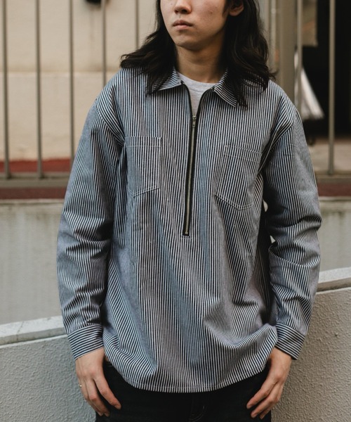 BROKEN BASE（ブロークンベース）の「ハーフジップストライプPOシャツ（シャツ/ブラウス・メンズ・ブラック系その他/ブルー系その他・MEDIUM/LARGE）」の2枚目の写真