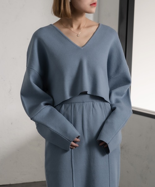 Ezick（エジック）の「バックシャンVネックショートトップス（ニット/セーター・レディース・ライトブルー/グレイッシュベージュ/ブラック・FREE）」の3枚目の写真