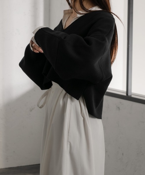 Ezick（エジック）の「バックシャンVネックショートトップス（ニット/セーター・レディース・ライトブルー/グレイッシュベージュ/ブラック・FREE）」の15枚目の写真